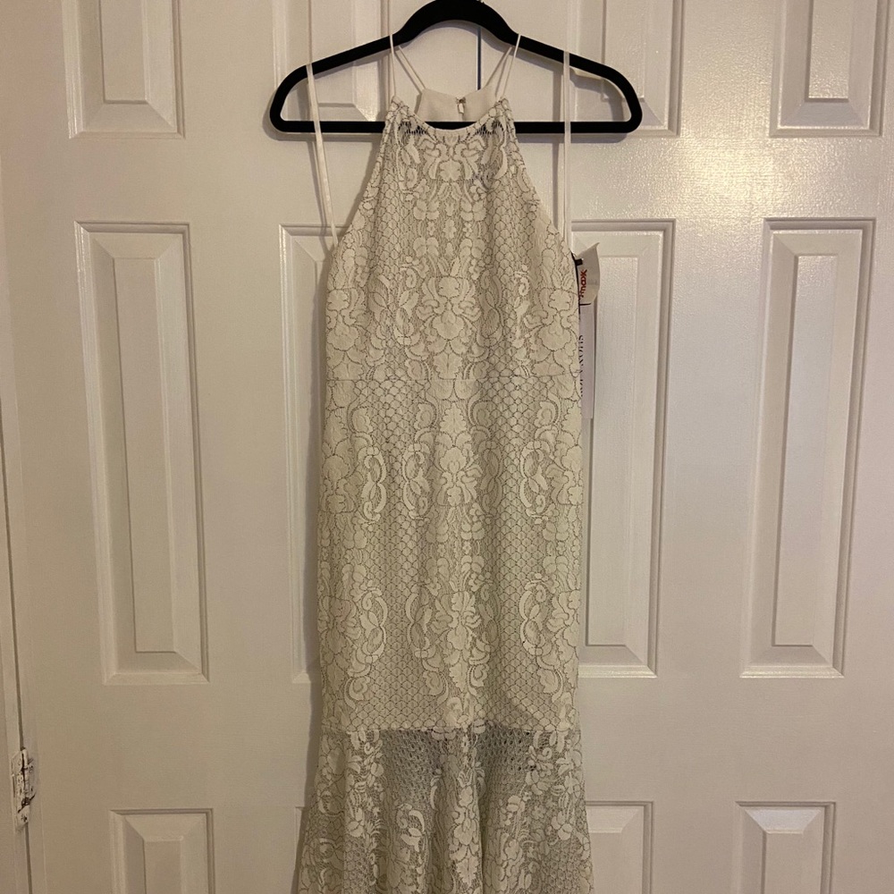 Shona Joy Ivory High Neck Handkerchief Midi dress